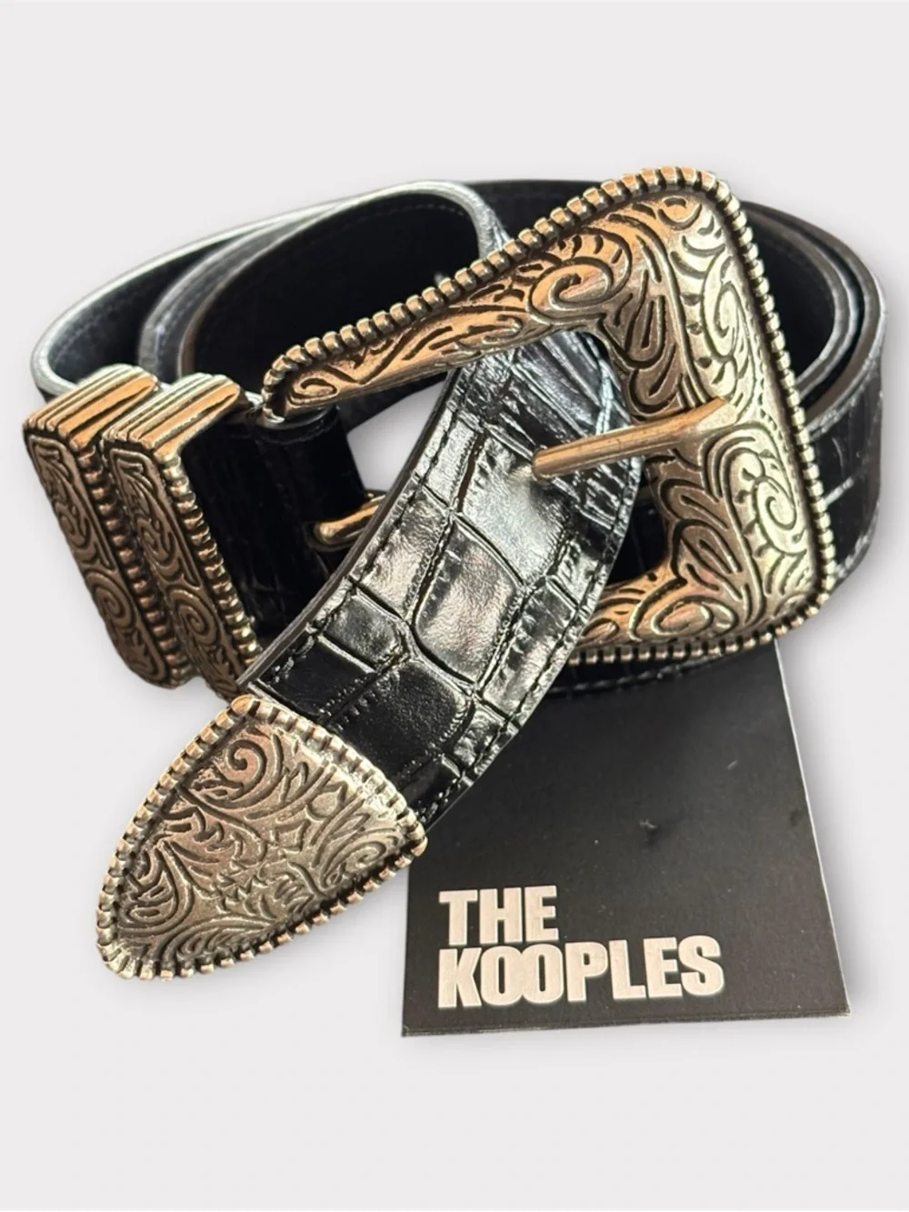 THE KOOPLES French Luxury Black Croc-Embossed Belt with Engraved Silver Buckle